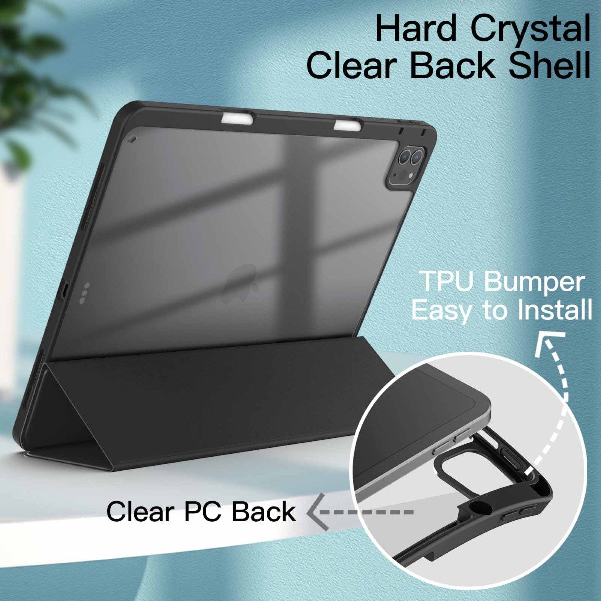 JETech Case for iPad Pro 12.9-Inch (2022/2021/2020/2018) with Pencil Holder, Clear Transparent Back Shell Slim Stand Shockproof Tablet Cover, Auto Wake/Sleep