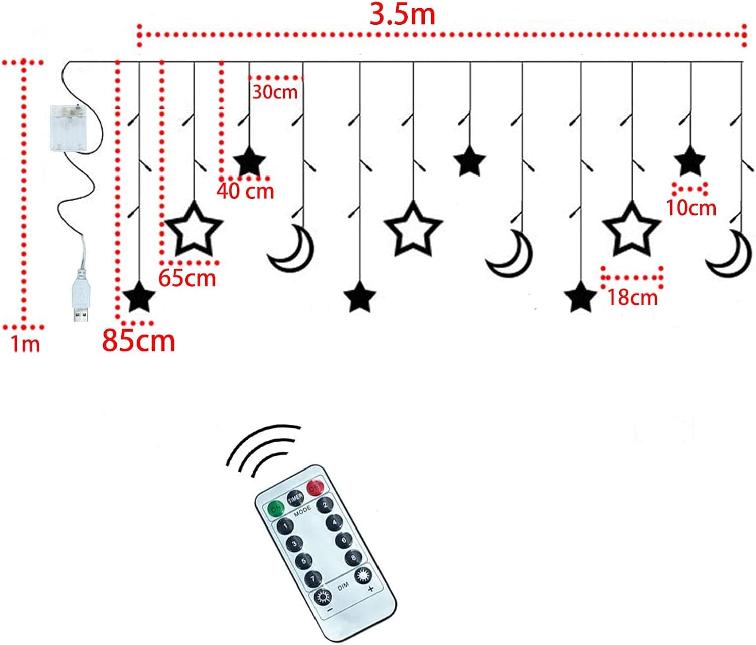 Ramadan Decorations for Home 3.5M Decorative Starry String Curtain Ramadan Lights Moons and Stars LED Night Light for Ramadan Home Decorations Party, USB and Battery Box Powered