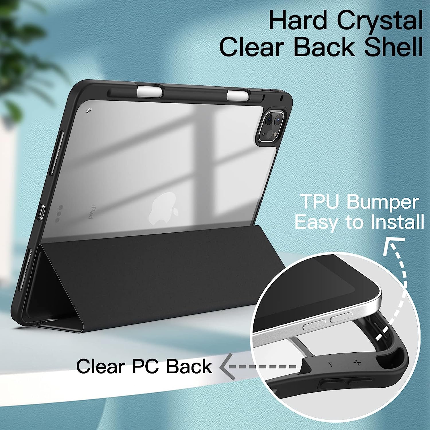 JETech Case for iPad Pro 11 Inch (2022/2021/2020/2018) with Pencil Holder, Clear Transparent Back Shell Slim Stand Shockproof Tablet Cover, Auto Wake/Sleep (Black)