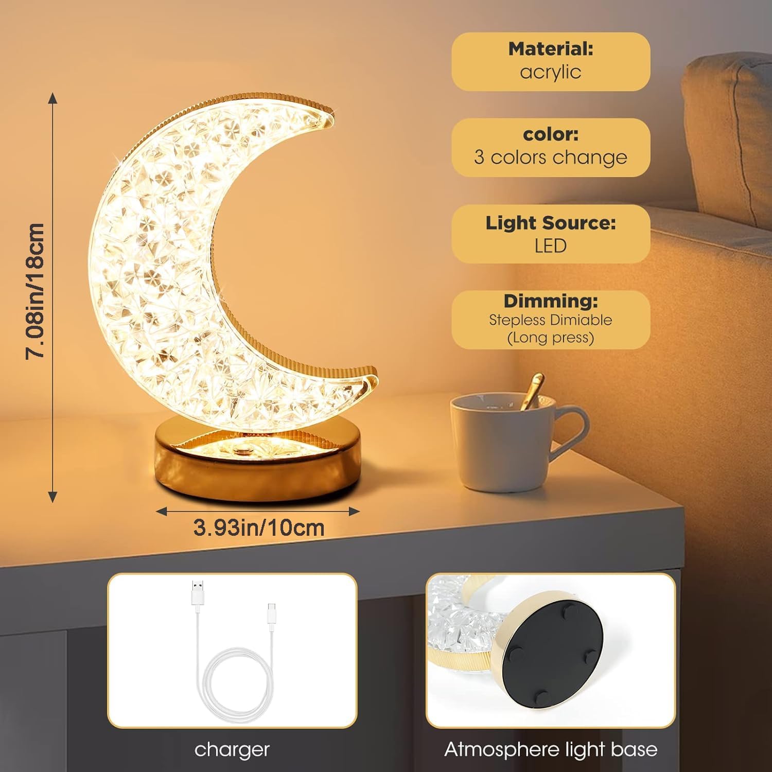 Crystal Moon-Shaped Ramadan Lamp | Touch LED Night Light | Decorative Table Lamp for Home & Bedroom