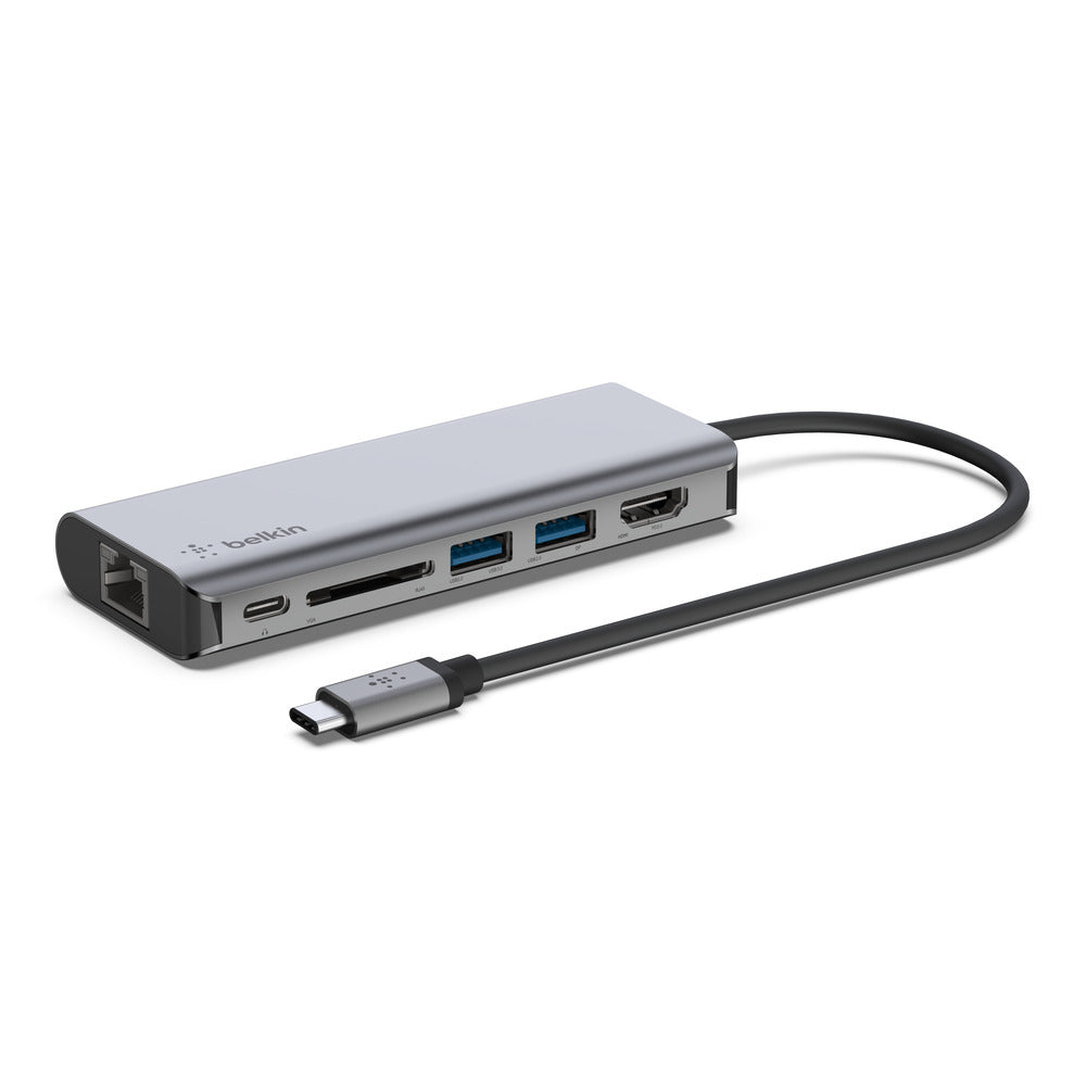 BELKIN Connect USB-C 6-in-1 Multiport Hub - HDMI 4K, Ethernet Port, SD Card Slot, 100W USB-C PD 3.0, 2x USB-A 3.0, 5 Gbps Bandwidth - Gray