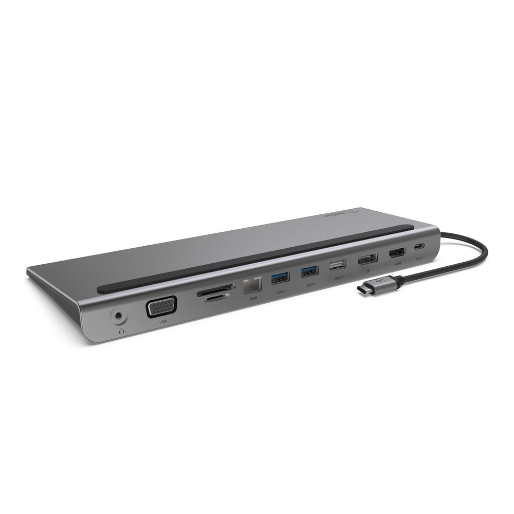 BELKIN Connect USB-C 11-in-1 Multiport Dock - Aux, VGA, Micro/SD Slots, Ethernet, 2x USB-A 3.0, USB-A 2.0, DP, HDMI 4K, Type-C Ports - Gray