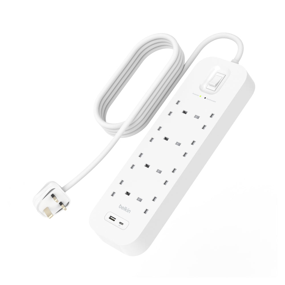 BELKIN Surge Protector 8 outputs - 2 Ports USB-C and USB-A - 2M - White