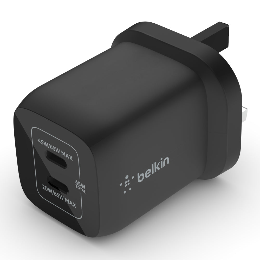 BELKIN BoostCharge 65W Dual USB-C PD Wall Charger w/ PPS - UK 3-Pin Plug - Black