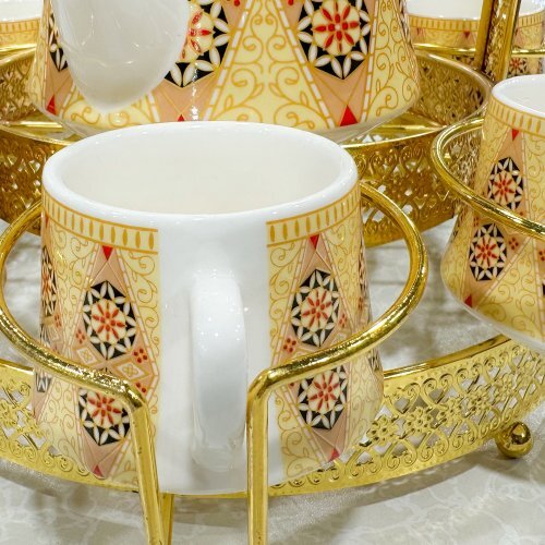 Luxury Ceramic Tea & Coffee Set with Gold Metal Stand | Elegant Multi-Design Jug & Cups