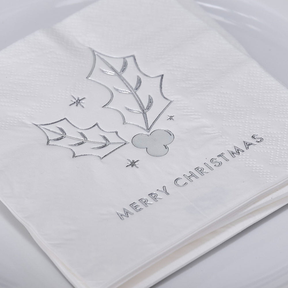 Silver Merry Christmas Holly Paper Napkin