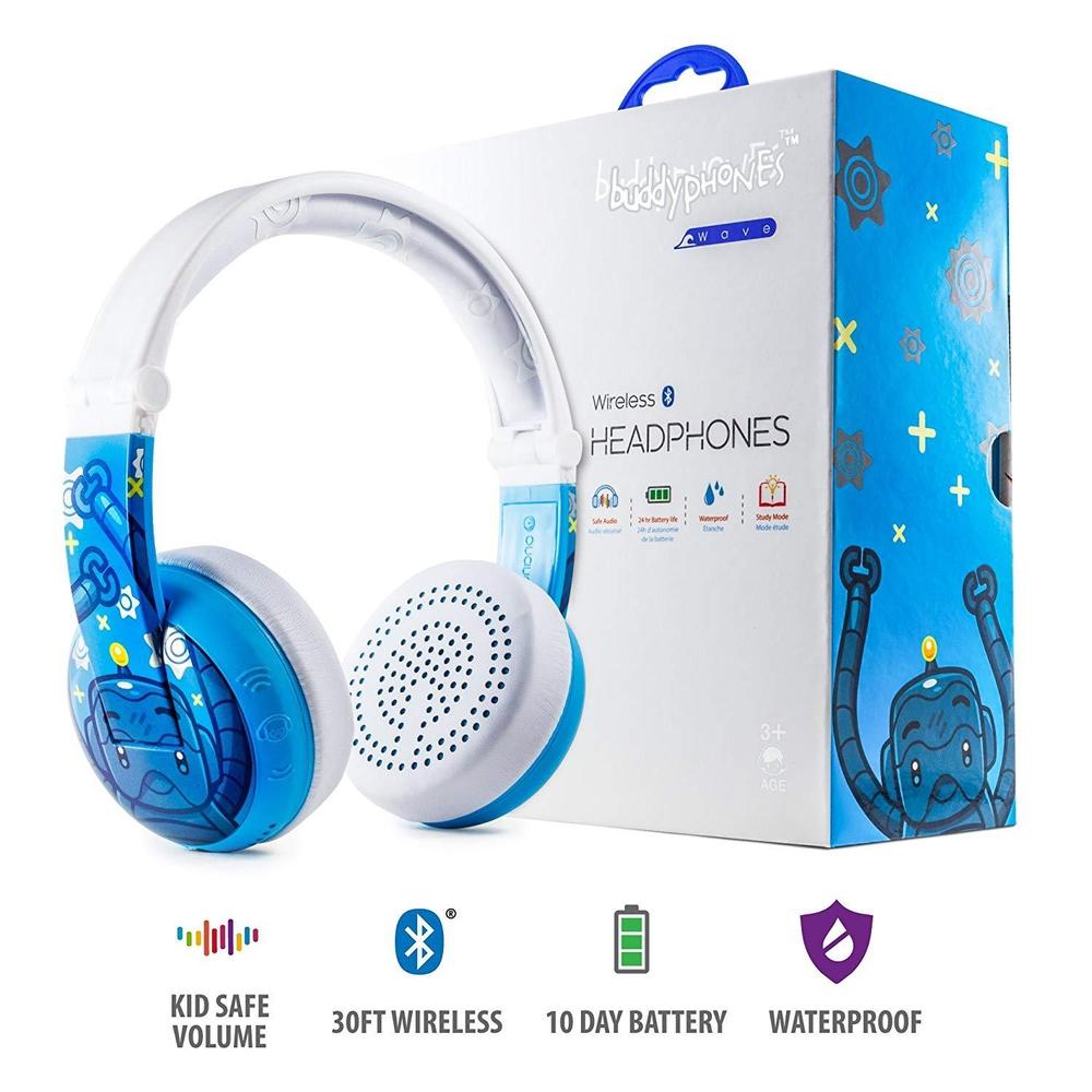 BuddyPhones - Wave Bluetooth Headphones Waterproof Robot - Blue